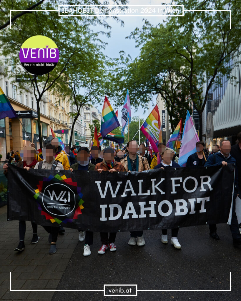 Eine Reihe von Personen hält ein Banner auf welchem "Walk for IDAHOBIT" zweimal steht. Hinter diesen sind weitere Menschen und einige Regenbogen sowie transfarbene Flaggen.