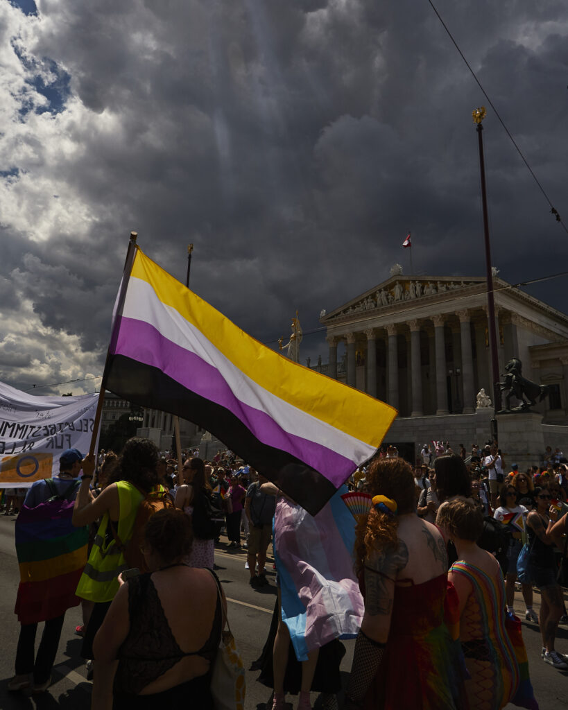 Nicht binär Flagge vor dem österreichischen Parlament auf der Vienna Pride 2023.