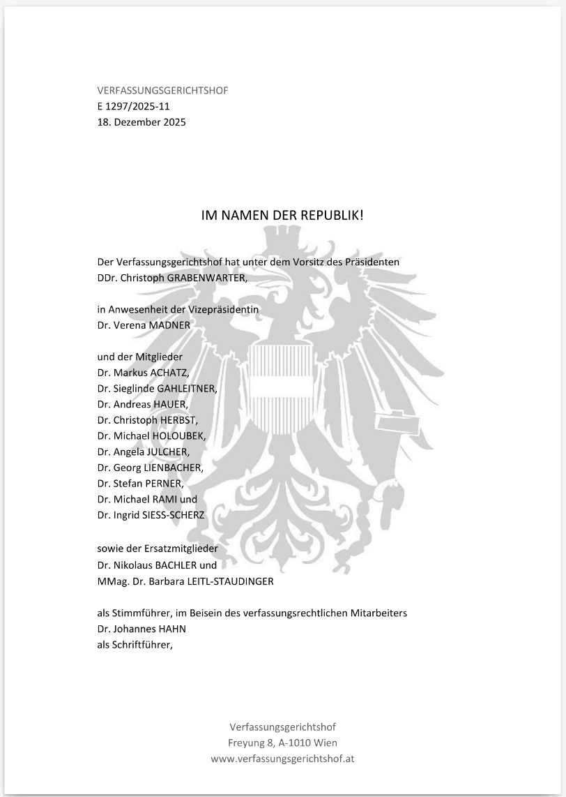 Seite eins des Erkenntnis des Verfassungsgerichtshofs, "Im Nahmen der Republik"